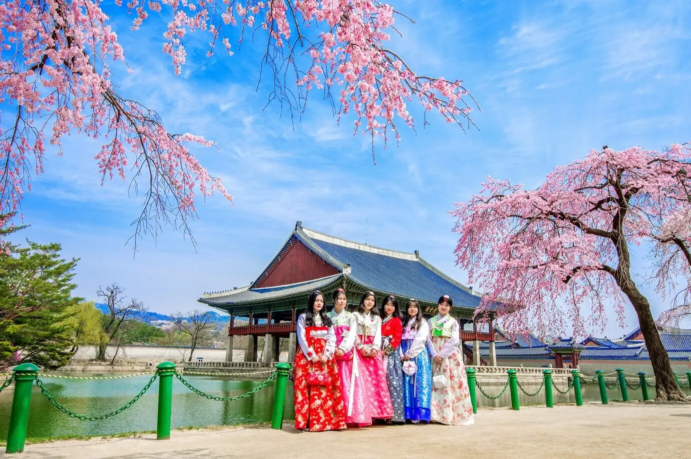 Gyeongbokgung-Palast mit Kirschblüte im Frühling und Touristen in Hanbok-Kleidung.